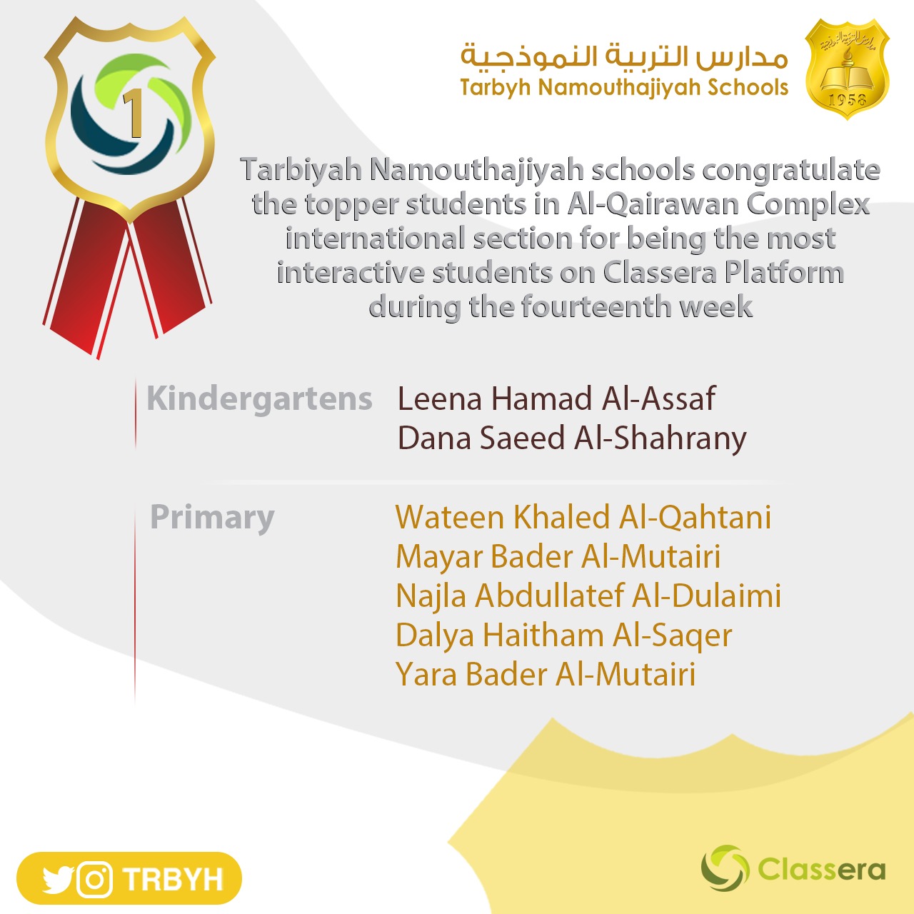 الطالبات الاوائل على منصة كلاسيرا للأسبوع الرابع عشر