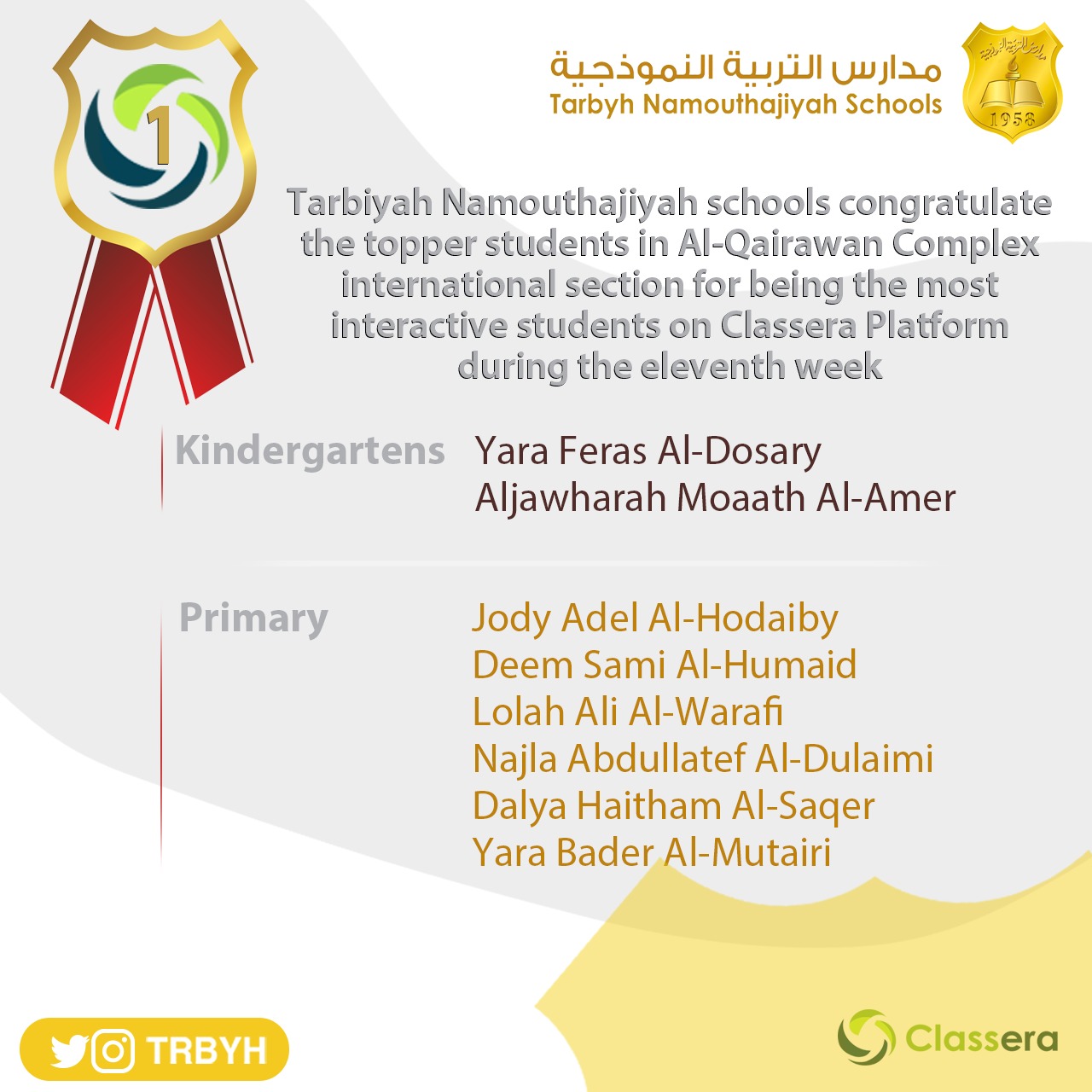 الطالبات الاوائل على منصة كلاسيرا للأسبوع الحادي عشر