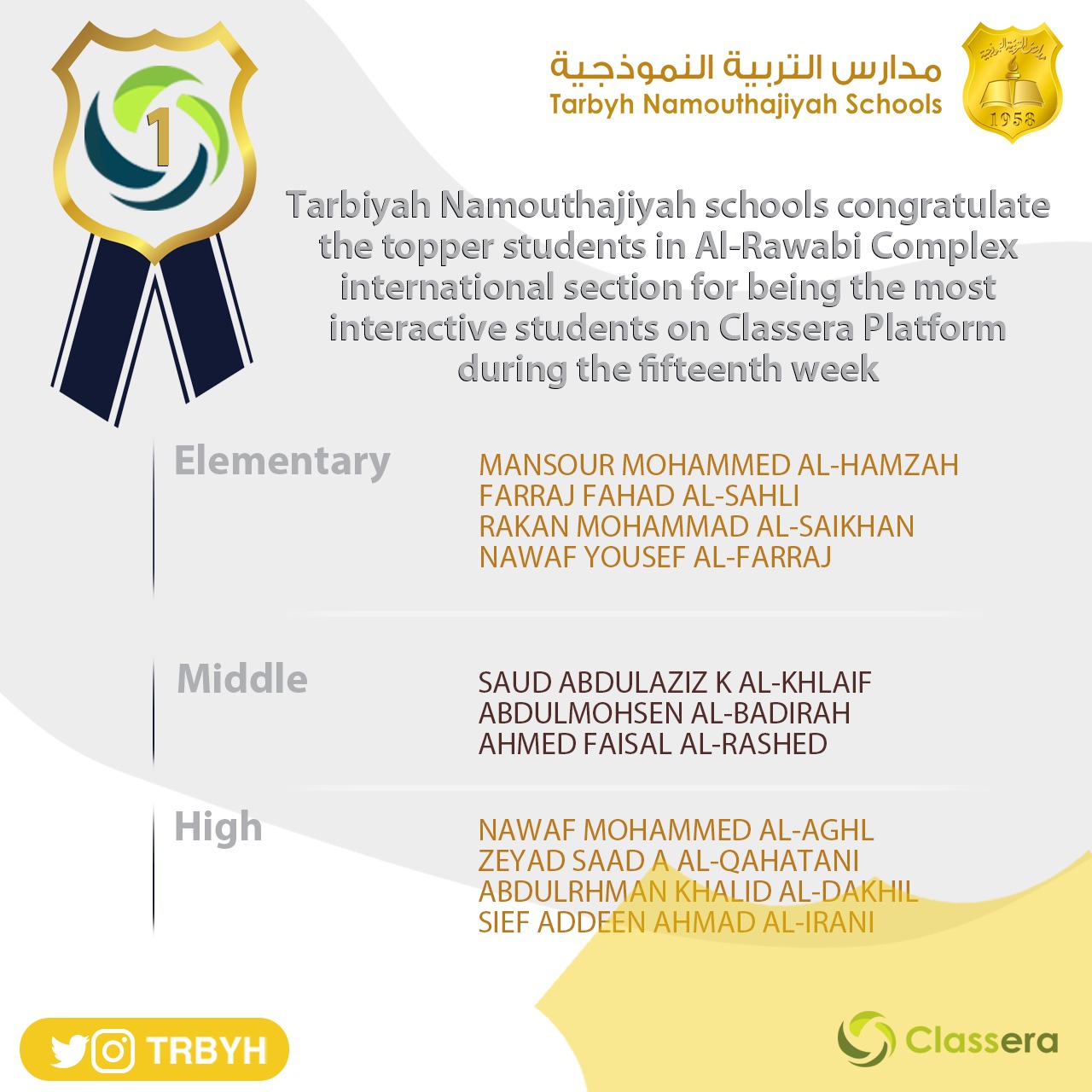 الطلاب الاوائل على منصة كلاسيرا للأسبوع الخامس عشر