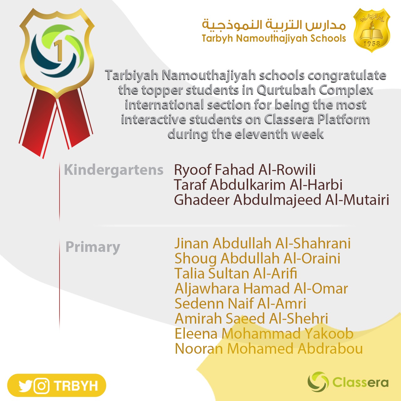الطالبات الاوائل على منصة كلاسيرا للأسبوع الحادي عشر