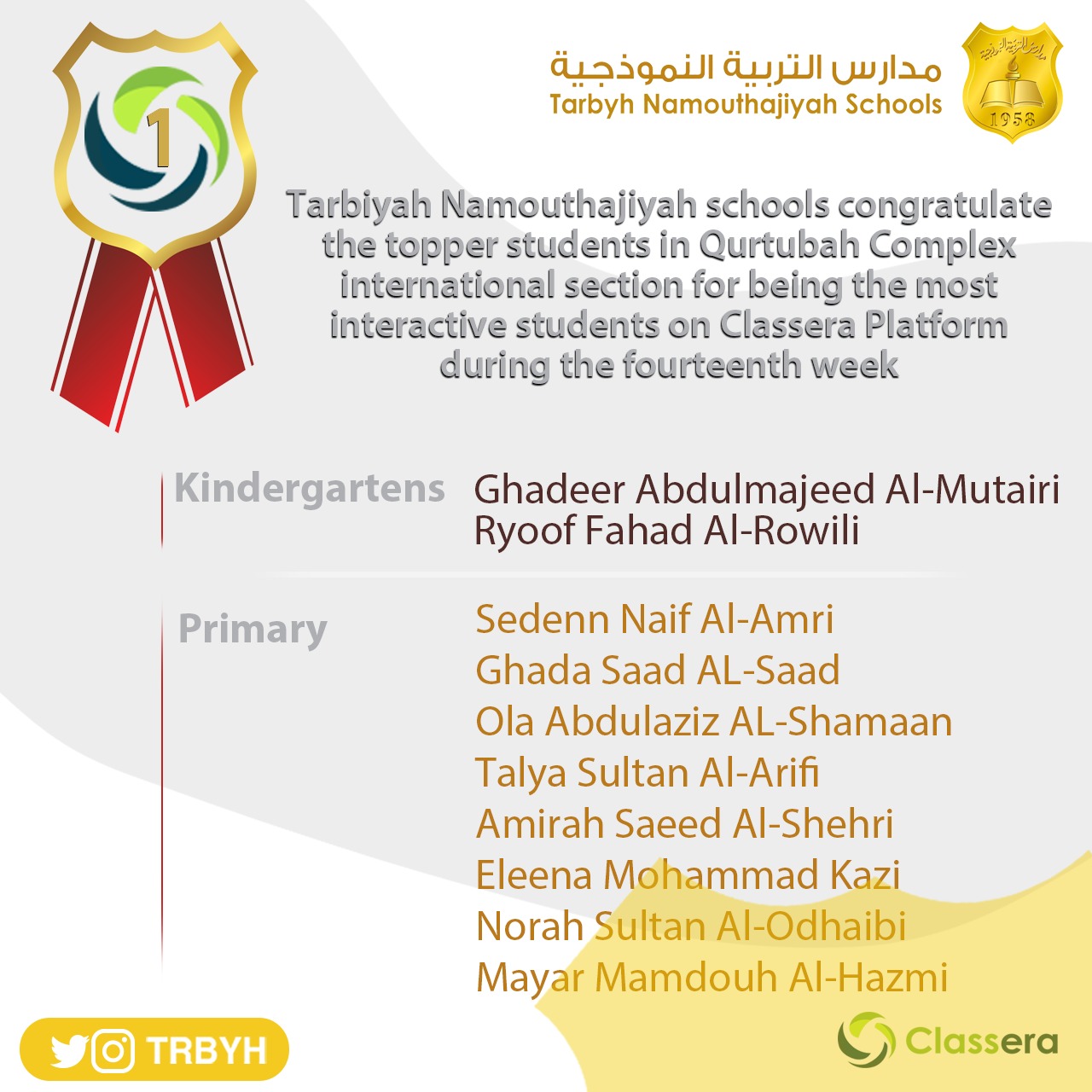 الطالبات الاوائل على منصة كلاسيرا للأسبوع الرابع عشر