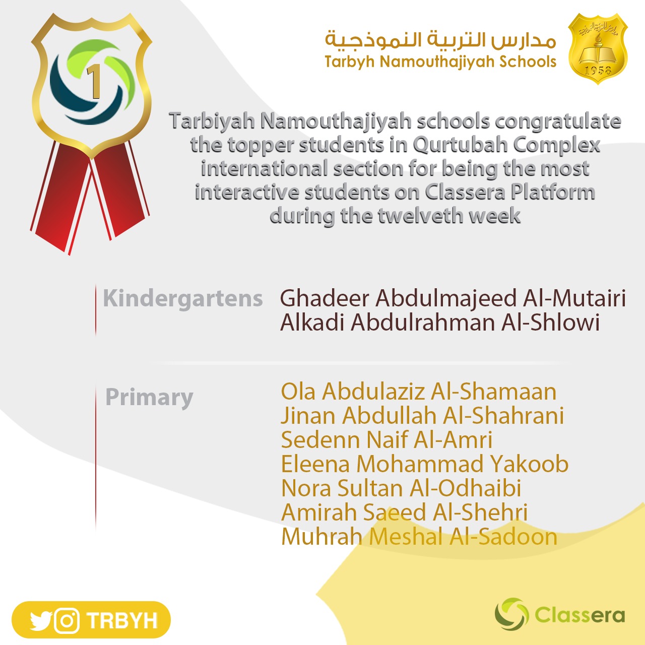 الطالبات الاوائل على منصة كلاسيرا للأسبوع الثاني عشر
