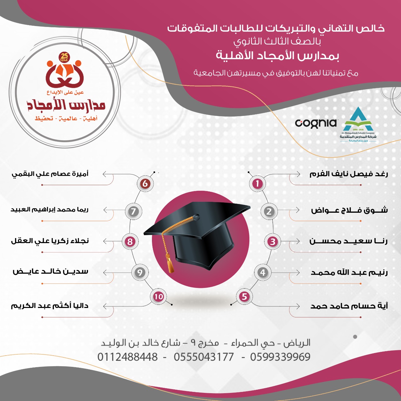 تهنئة لطالبتنا الأوليات بالصف الثالث الثانوي