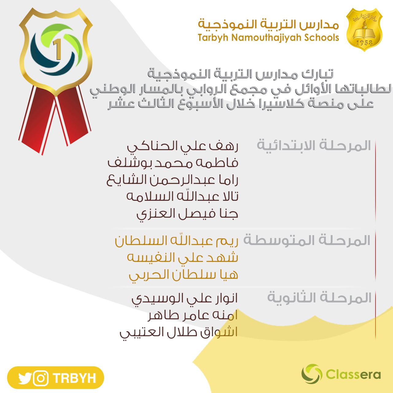 الطالبات الاوائل على منصة كلاسيرا للأسبوع الثالث عشر