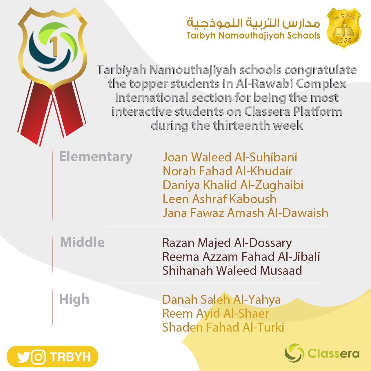 الطالبات الاوائل على منصة كلاسيرا للأسبوع الثالث عشر