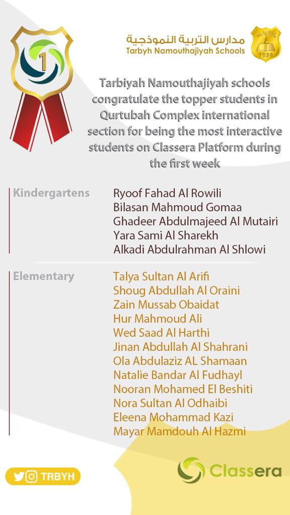 الاوائل على منصة كلاسيرا للأسبوع الأول (الفصل الثاني- بنات)