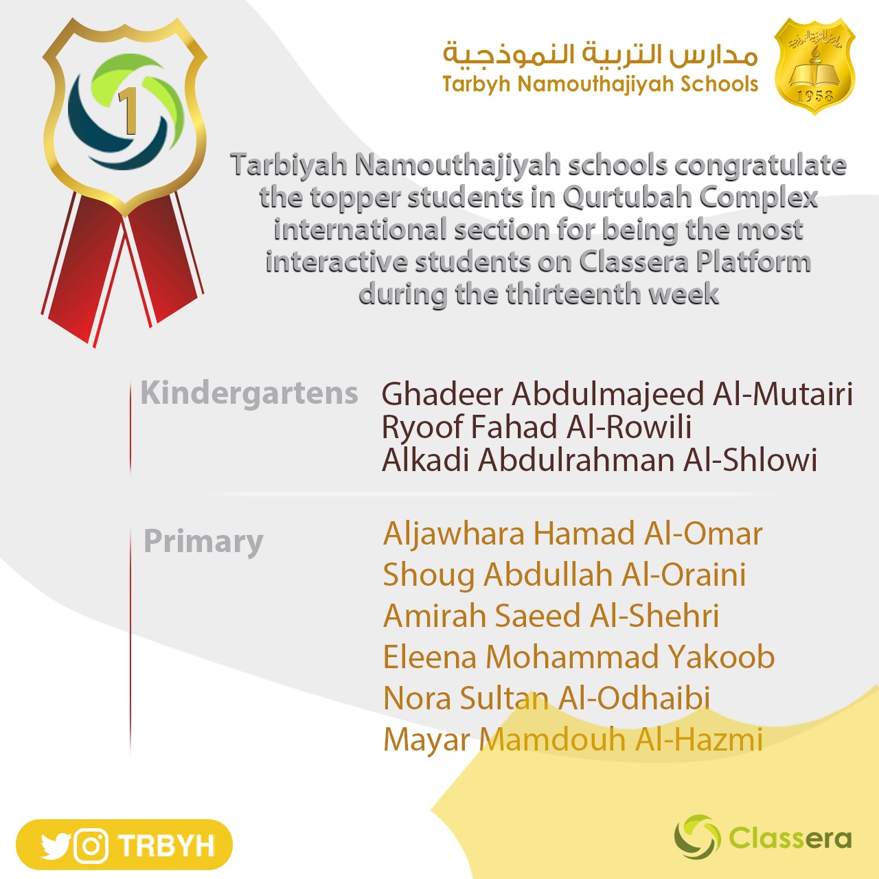 الطالبات الاوائل على منصة كلاسيرا للأسبوع الثالث عشر