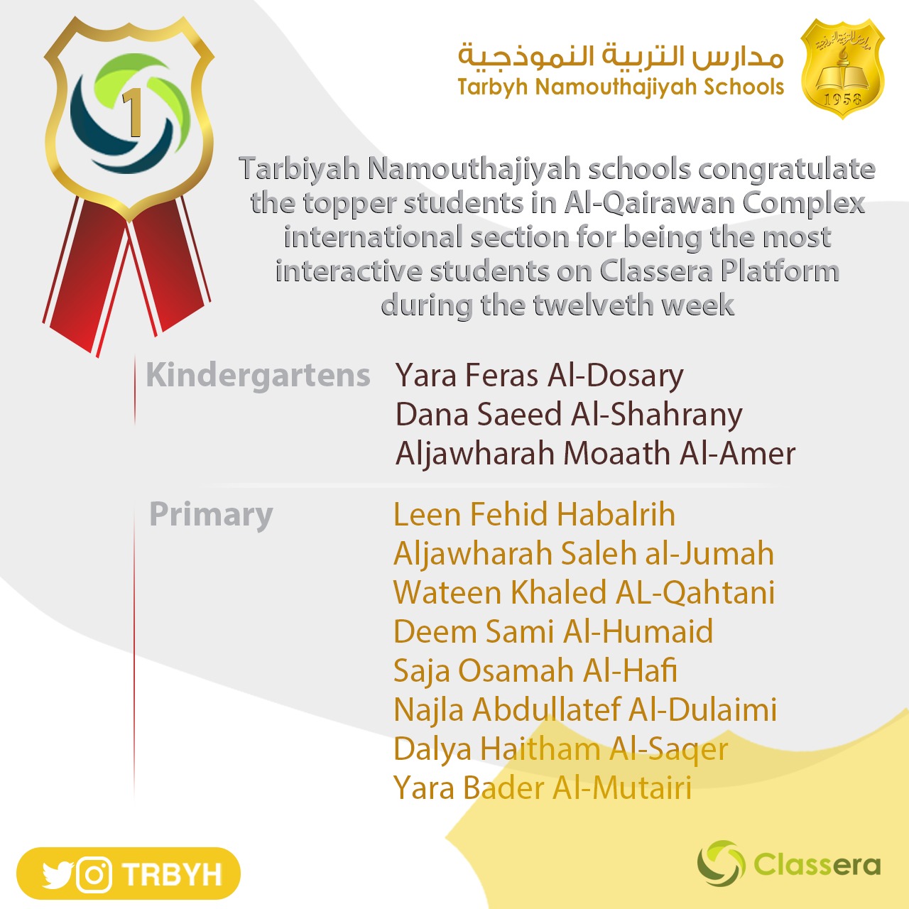 الطالبات الاوائل على منصة كلاسيرا للأسبوع الثاني عشر